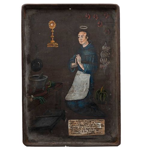 ANÓNIMO. Exvoto con devoción a San Pascual Bailón. Óleo sobre charola de lámina. 66 x 45 cm. Detalles de conservación.