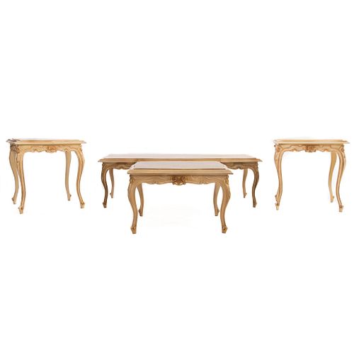 Lote de 4 mesas. SXX. Elaboradas en madera dorada. Decoradas con elementos florales, vegetales y molduras orgánicas.