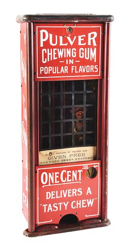 1¢ TALL CASE PULVER TOO-CHOOS VENDING MACHINE WITH ORIGINAL YELLOW KID FIGURE.