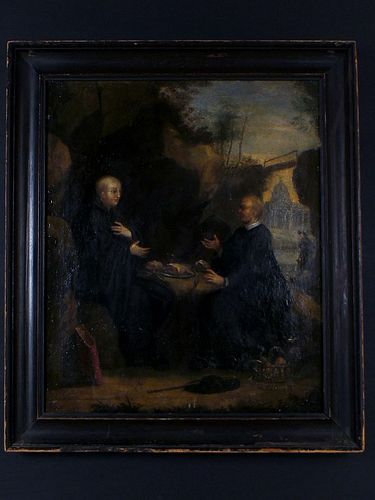 TWO MONKS EATING LUNCH OIL PAINTING
