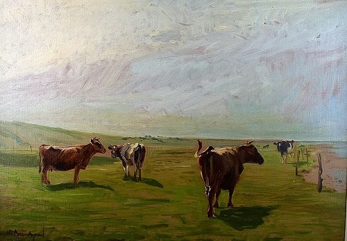 COWS ON FIELD OIL PAINTING