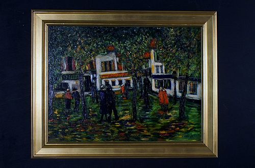 PARK SCENE WITH STROLLING PEOPLE OIL PAINTING