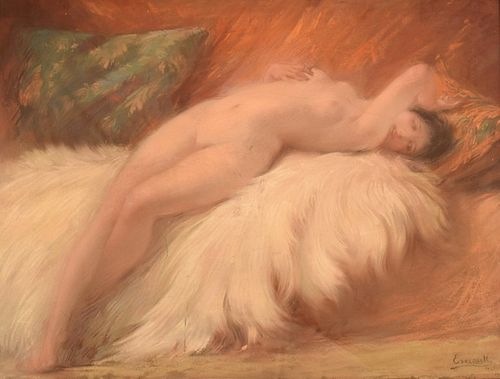 NAKED YOUNG BEAUTY ON LAMBSKIN OIL PAINTING