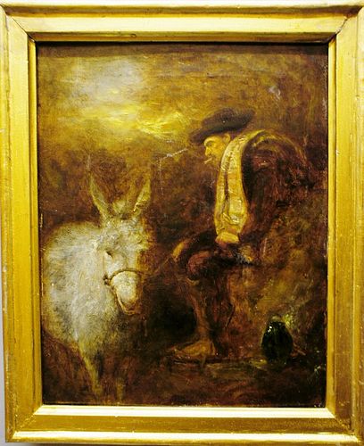 MAN WITH DONKEY RESTING OIL PAINTING