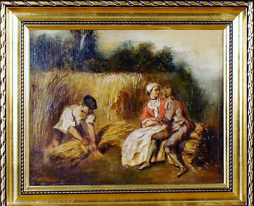 ROMANTIC COUPLE IN SUMMER LANDSCAPE OIL PAINTING