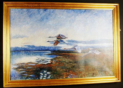 FLYING SWANS IN A LANDSCAPE OIL PAINTING
