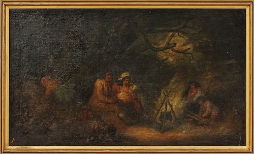FIREPLACE WITH WOMEN AND CHILDREN OIL PAINTING