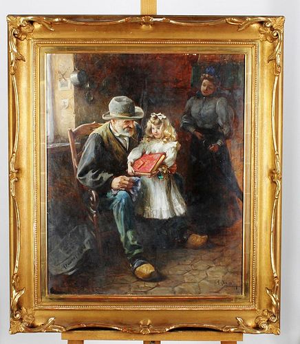 INTERIOR, GRANDFATHER AND CHILD OIL PAINTING