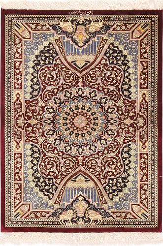 Burgundy Background Vintage Persian Silk Qum Rug 3 ft x 2 ft (0.91 m x 0.61 m)