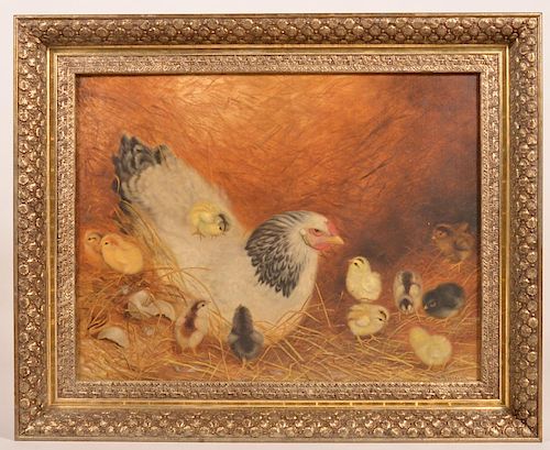 Ben Austrian Painting Hen with 11 Chicks.