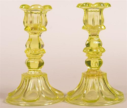 Pair of Vaseline Flint Glass Candlesticks.