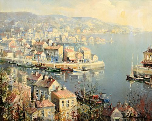 Lucien Delarue Painting, Harbor Scene