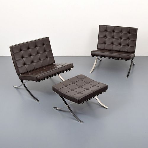 Pair of Mies van der Rohe "Barcelona" Chairs & Ottoman, Knoll