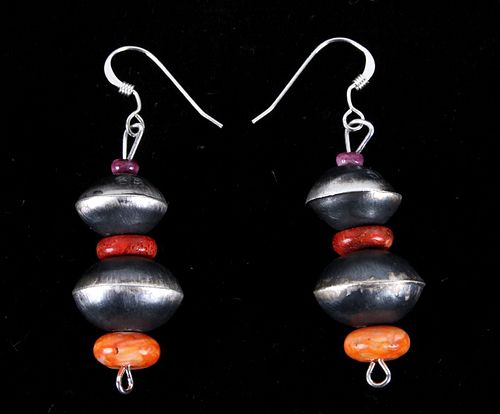Navajo Sam Begay Silver Coral & Oyster Earrings