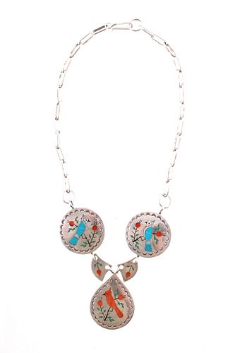 Navajo R Boyd Sterling Silver Bird Inlaid Necklace