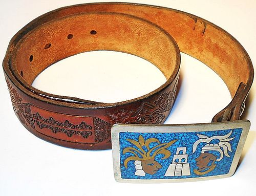 C. 1970's Mexican Silver & Turquoise Buckle & Belt