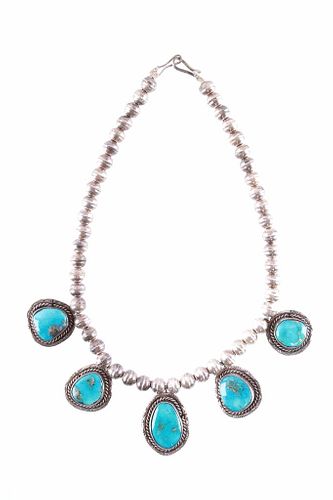 Navajo Sterling Silver Blue Gem Turquoise Necklace
