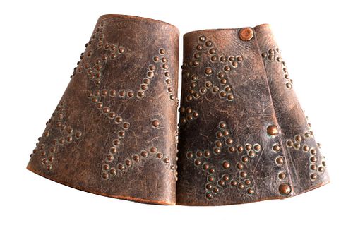 19th Century Leather & Brass Studded Cowboy Cuffs