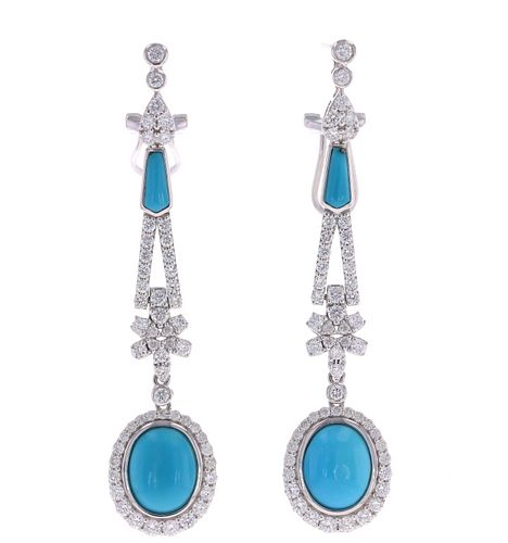 Natural Turquoise Diamond 14k White Gold Earrings