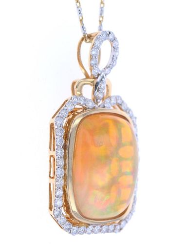 Natural Opal Brilliant Diamond 14k Gold Necklace