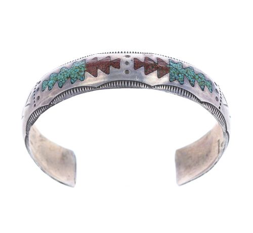 Navajo E Becenti Silver Chipped Inlaid Bracelet