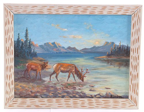 Elk Drinking Water Oil Painting By R. Vosen