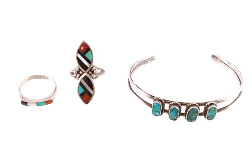 Navajo Turquoise Inlay Sterling Bracelet & Rings