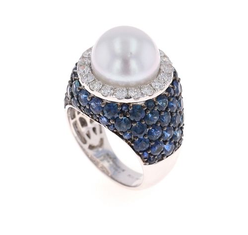 South Sea Pearl Sapphire & Diamond 18k Gold Ring