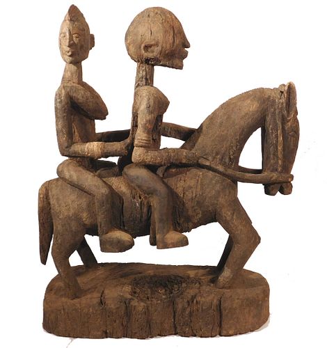 African Tribal Dogon Equestrian Sculpture: Horse w/2 Riders