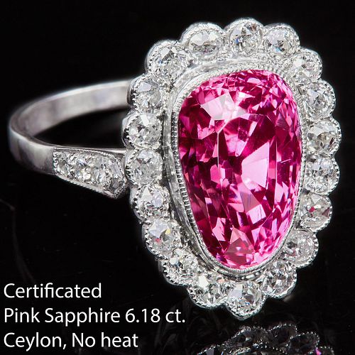 IMPORTANT CERTIFICATED CEYLON PINK SAPPHIRE AND DIAMOND CLUSTER RING