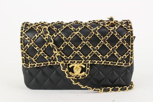 CHANEL LIMITED BLACK LAMBSKIN GOLD CHAIN ALL-OVER CLASSIC FLAP CAGE