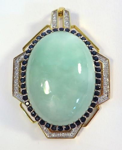 Fine Jade Pin Surrounded By Sapphires & Diamonds