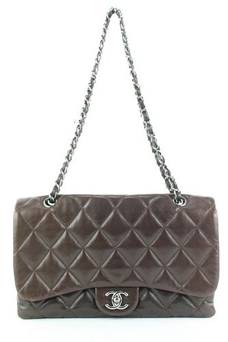 CHANEL DARK BROWN QUILTED LAMBSKIN JUMBO CLASSIC FLAP SILVER SHW