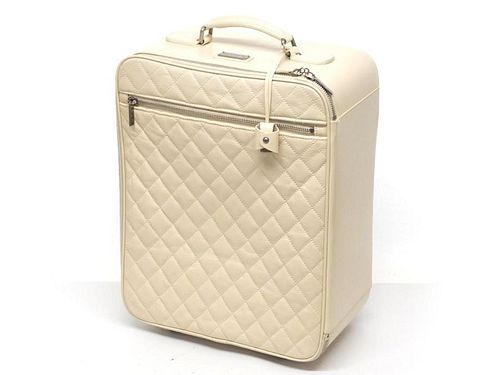 CHANEL IVORY DISTRESSED CALFSKIN LEATHER ROLLING LUGGAGE CARRY-ON