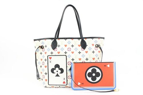 LOUIS VUITTON GAME ON WHITE MONOGRAM MULTICOLOR NEVERFULL MM TOTE WITH POUCH