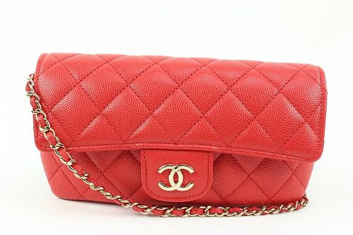 CHANEL 22C RED QUILTED CAVIAR RECTANGULAR MINI CLASSIC FLAP CHAIN BAG