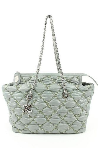 CHANEL GREY QUILTED NYLON STITCH ON TWEED CHAIN ZIP TOTE BAG