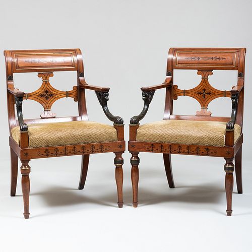 Pair of Unusual North European Neoclassical Brass-Mounted Ebony Inlaid Mahogany and Painted Armchairs