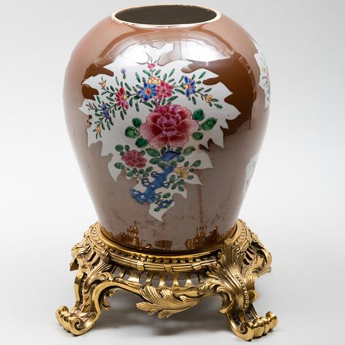 Chinese Gilt-Metal-Mounted CafÃ©-au-Lait Ground Porcelain Jar 