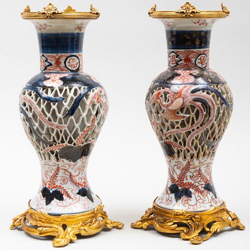 Pair of Chinese Perforated Imari Porcelain Gilt-Metal-Mounted Vases