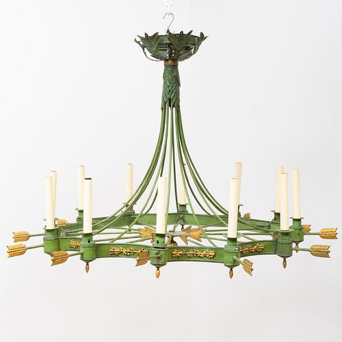 Empire Style Green Painted and Parcel-Gilt TÃ´le and Metal Twelve-Light Chandelier