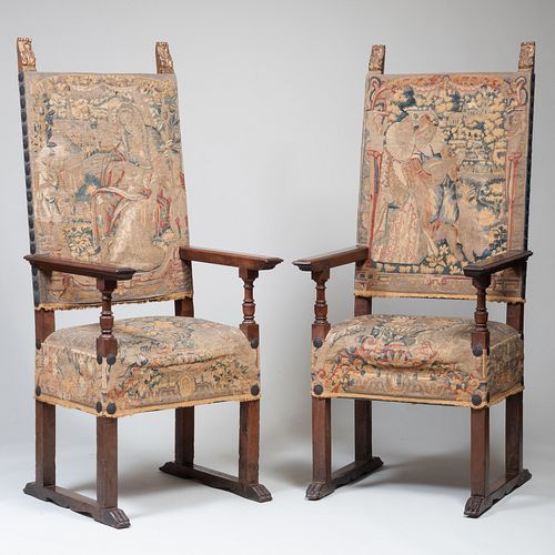 Pair of Italian Baroque Walnut and Needlework Upholstered Armchairs