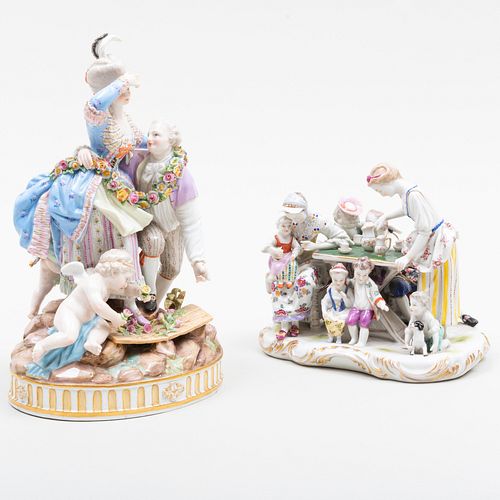 Meissen Porcelain Figure Group of a Courting Couple and a Continental Porcelain Figure Group