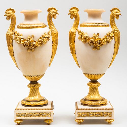 Pair of Louis XVI Style Gilt-Bronze-Mounted Marble Urns 