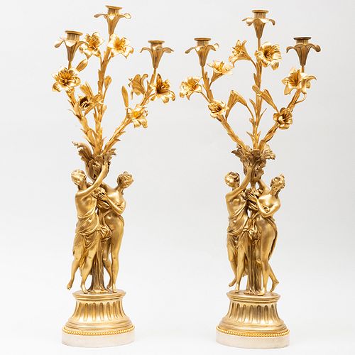 Pair of Louis XVI Style Gilt-Bronze and Marble Figural Three-Light CandelabraÂ 