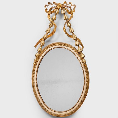 Rare Swedish Neoclassical Painted and Parcel-Gilt Oval Mirror