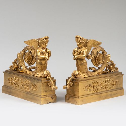 Pair of Empire Ormolu Winged Female Chenets