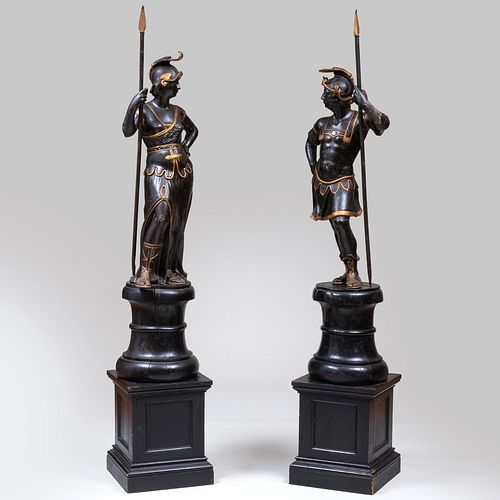 Pair of Continental Painted and Parcel-Gilt-Metal Military Figures on Ebonized Stands