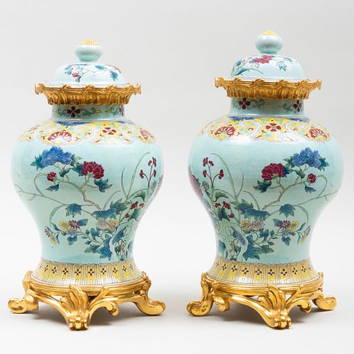 Pair of Gilt-Metal-Mounted Chinese Porcelain Jars and Covers