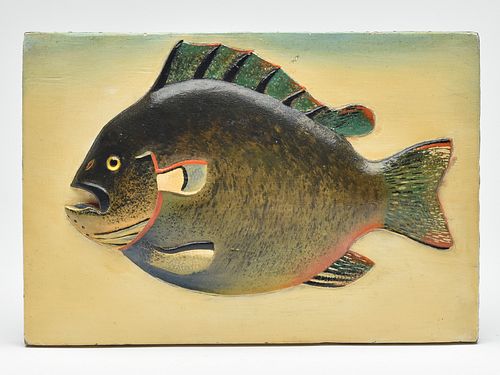 Carved fish plaque, Oscar Peterson, Cadillac, Michigan, circa 1940.